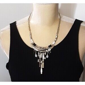 NWT Pomina Black Gold Tone Bib Necklace Dramatic Fringe Statement Chain